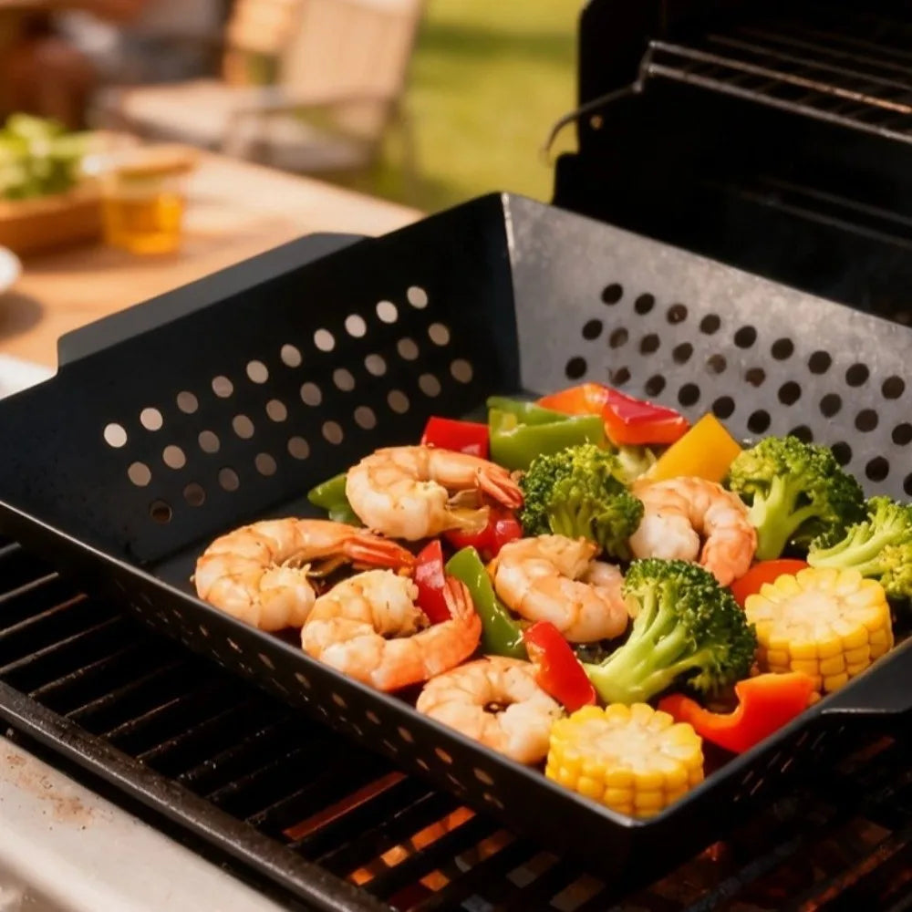 Non-Stick Cast Iron Grill Pan with Drain Holes | Square BBQ Basket Tray