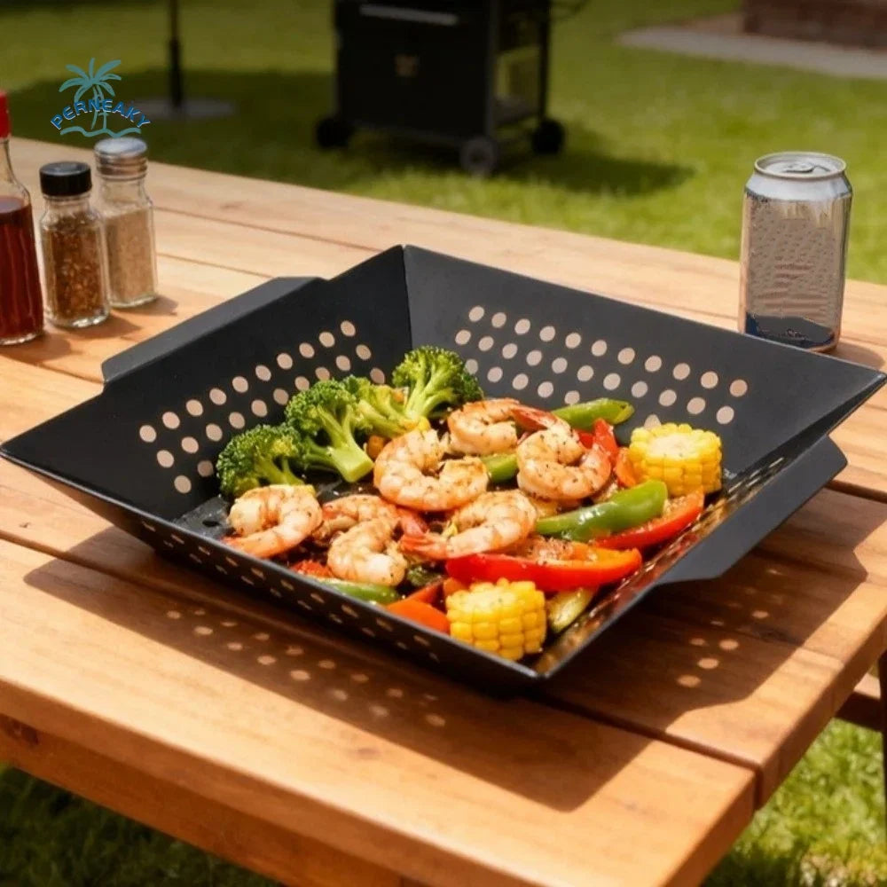 Non-Stick Cast Iron Grill Pan with Drain Holes | Square BBQ Basket Tray